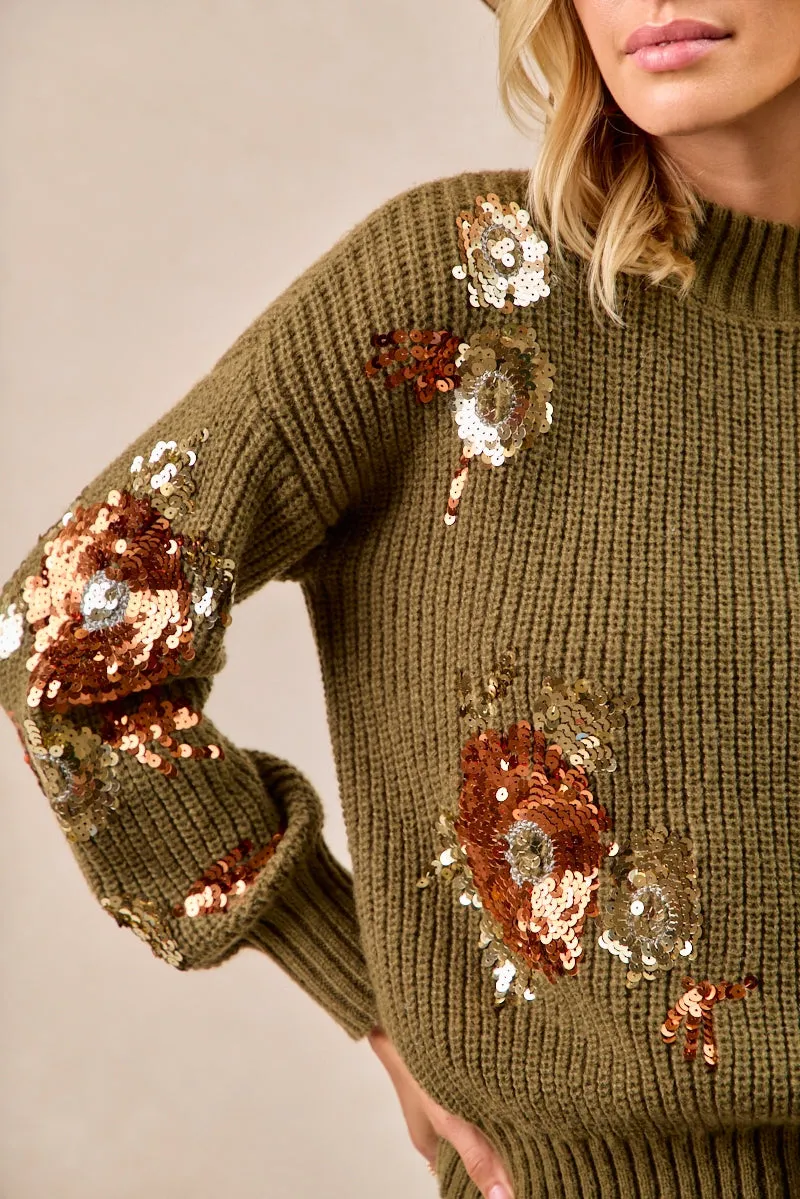 Dark wash Core Flex IT4723-01 | FLOWER SEQUIN EMBROIDERED SWEATER TOP MOCK NECK