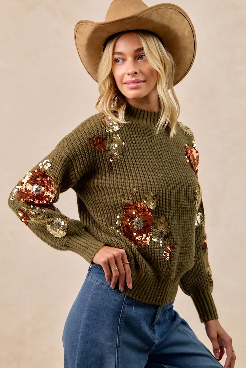 IT4723-01 | FLOWER SEQUIN EMBROIDERED SWEATER TOP MOCK NECK HighRiseWaist