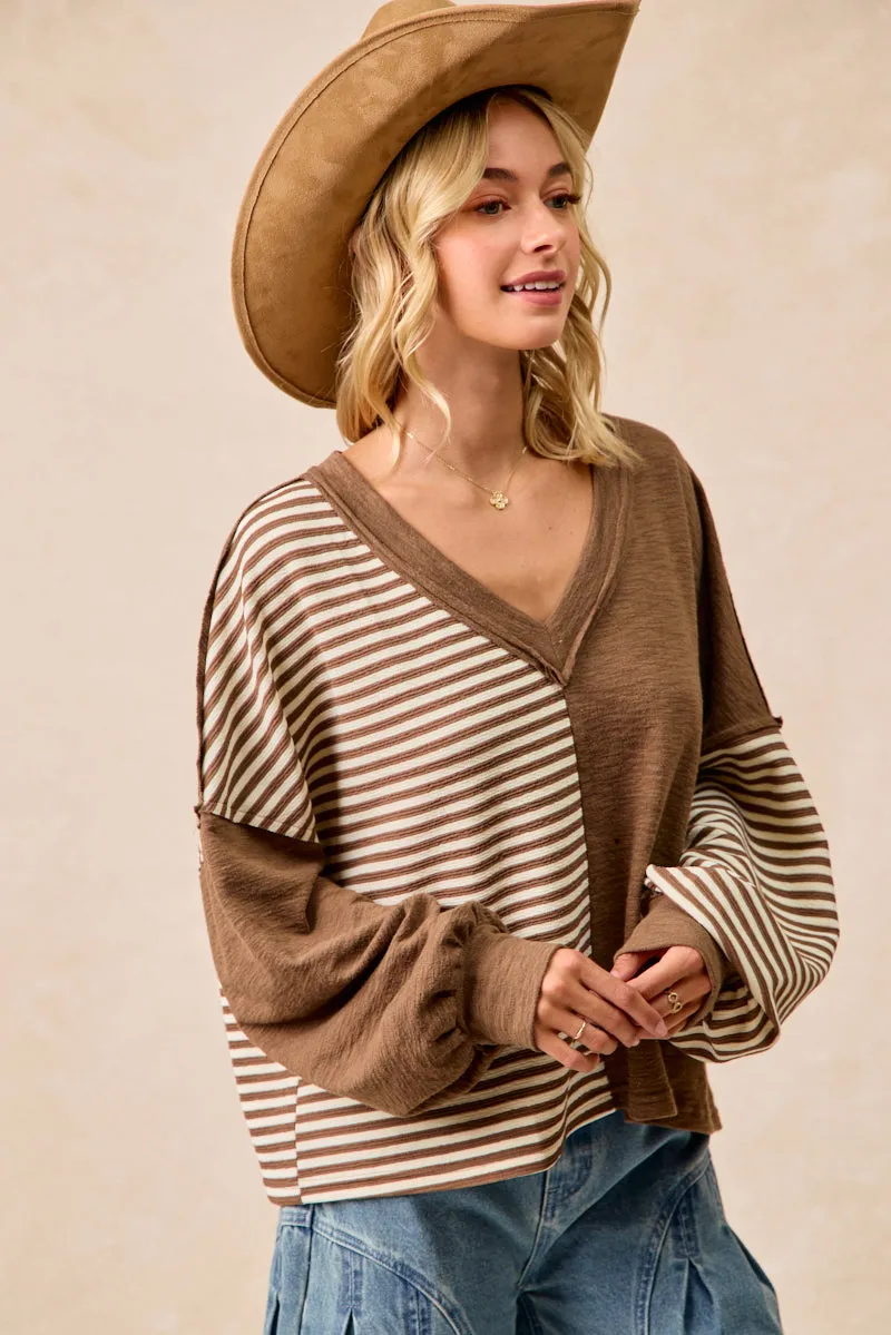 IT4731S-02 | SLUB KNIT WITH STRIPE COMBO V NECK TOP Versatile Layering City Ready Style
