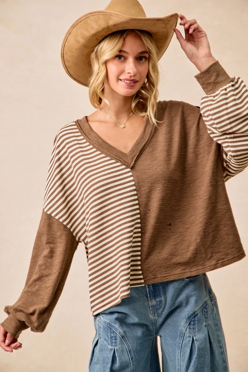 Multi Layer Design Quick Release Fasteners IT4731S-02 | SLUB KNIT WITH STRIPE COMBO V NECK TOP