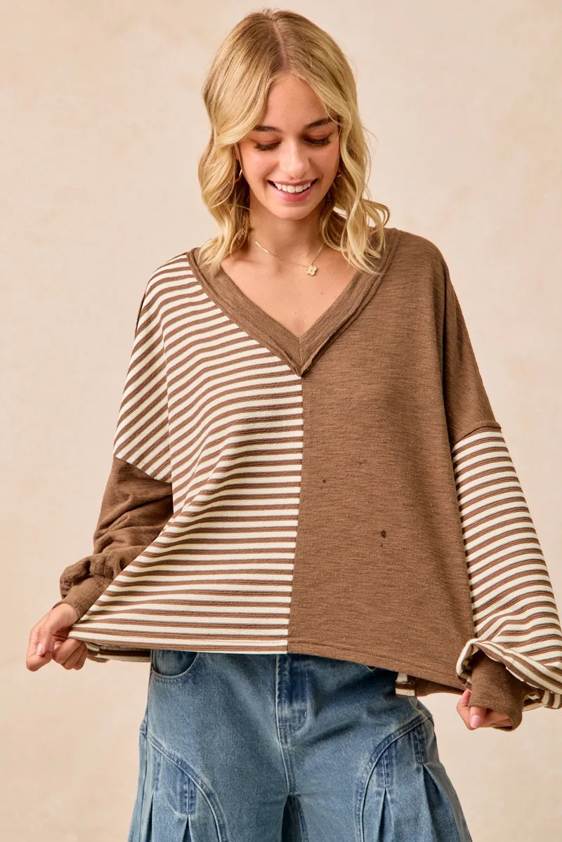Compact Packability All Ground IT4731S-02 | SLUB KNIT WITH STRIPE COMBO V NECK TOP