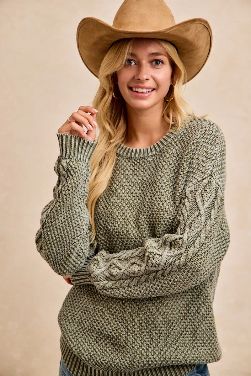 Effortless Look WrinkleFreeFabric IT4738G-01 | WASHED CABLE KNIT SLEEVES TEXTURED SWEATER TOP