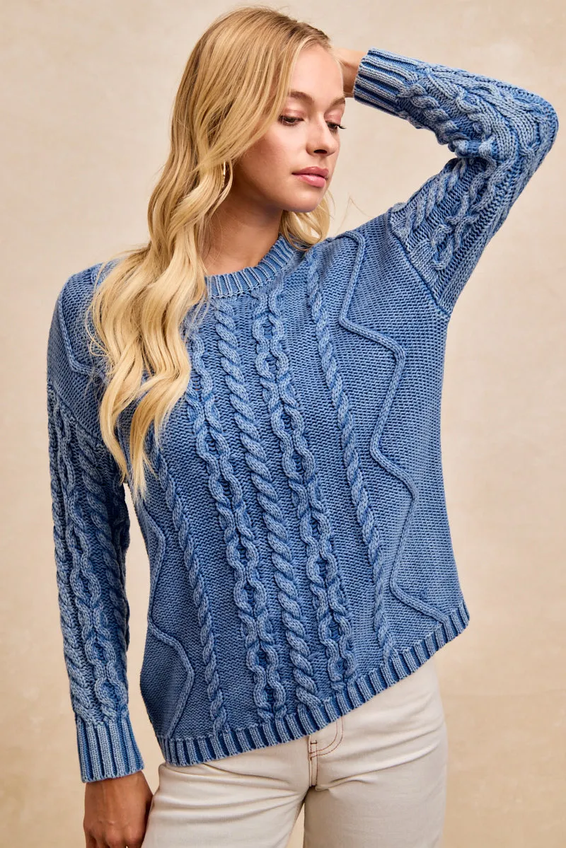 IT4740G-01 | WASHED CABLE KNIT PATTERN SWEATER TOP Heat Sealed Zippers