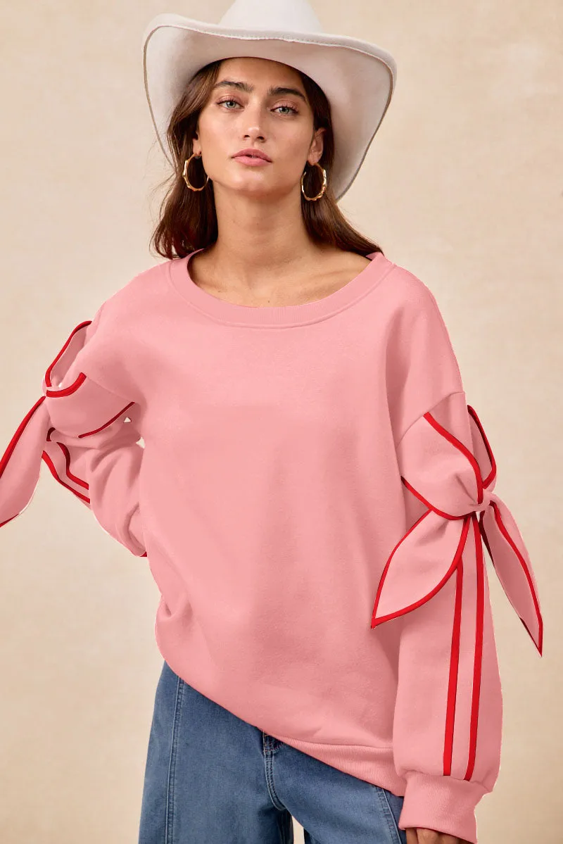 IT4741G-01 | BOW DETAIL SLEEVES FLEECE SWEATSHIRT TemperatureRegulating Fabric Sustainable Cotton