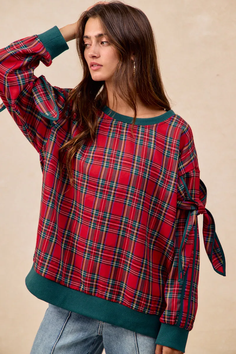 IT4741G-04 | BOW DETAIL SLEEVES CHRISTMAS PLAID TOP AntiPilling Technology