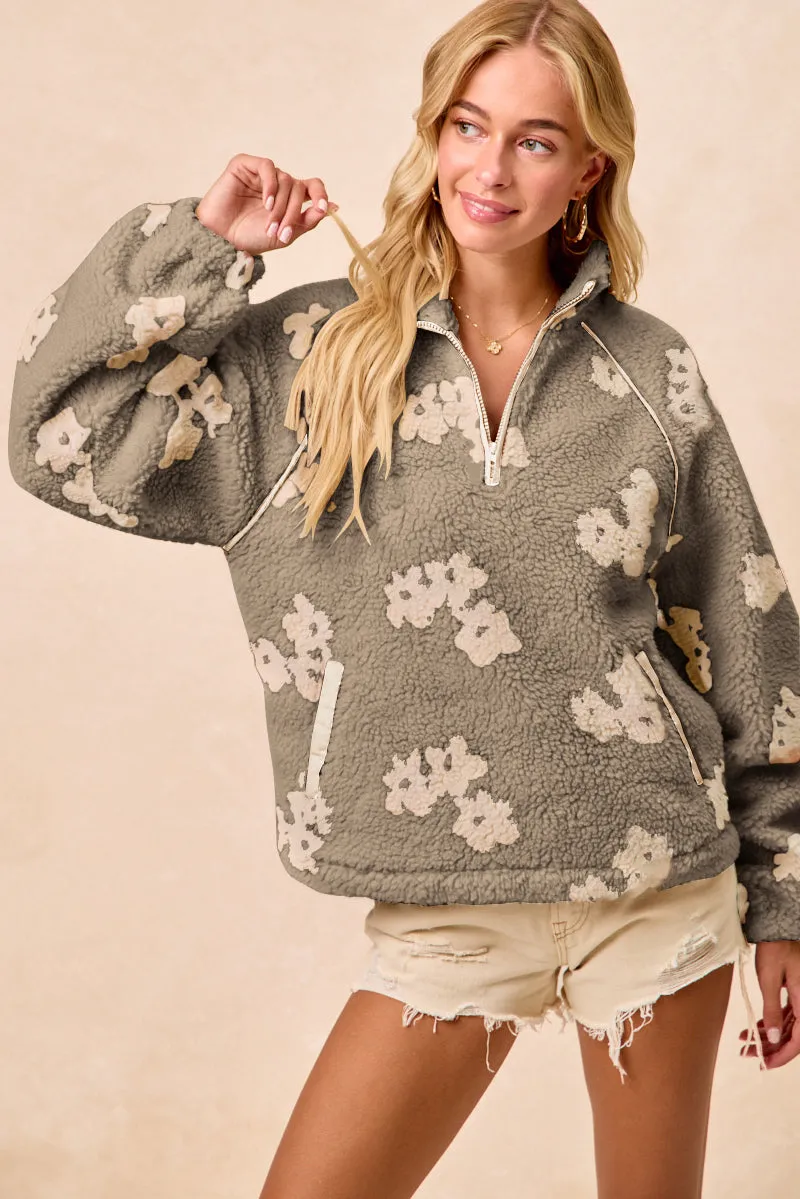 Side zipper Stain Resistant IT4755S-01 | FLOWER PRINTED SHERAPA FRONT ZIP UP TOP