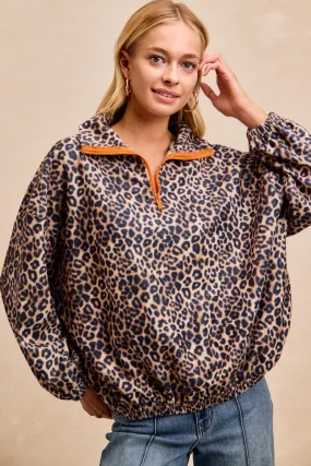 Simple Texture IT4768G-02 | LEOPARD PRINT QUARTER ZIP UP BRUSHED PULLOVER TOP