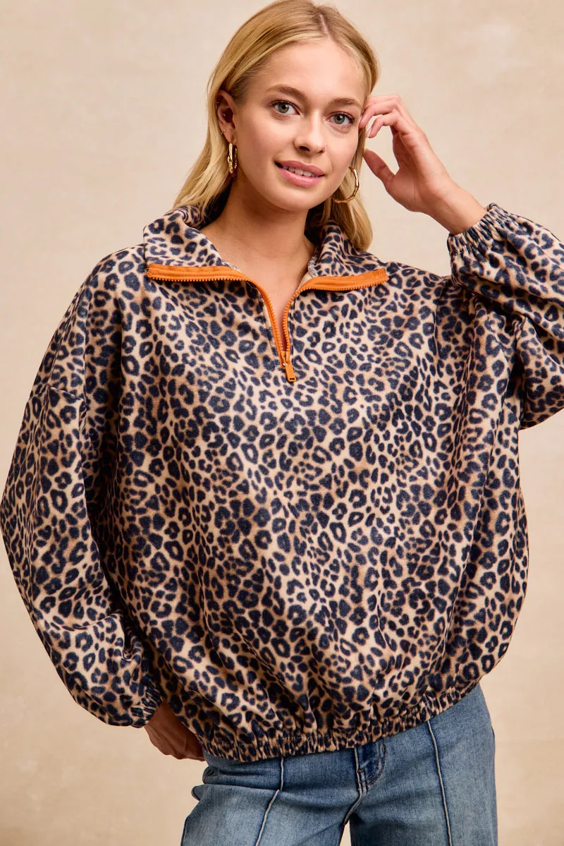 Summer Blouse IT4768G-02 | LEOPARD PRINT QUARTER ZIP UP BRUSHED PULLOVER TOP