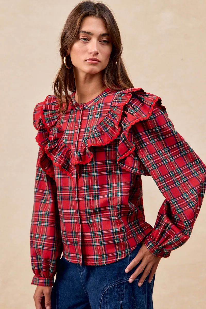 Non Chafing Side Seams Non Restrictive Mobility IT4770S-01 | CHRISTMAS PLAID RUFFLED BLOUSE TOP WITH TRIM