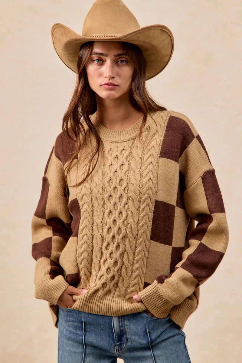 Functional Piece IT4775H-01 | CHECKER BOARD PATTERN CABLE KNIT SWEATER TOP