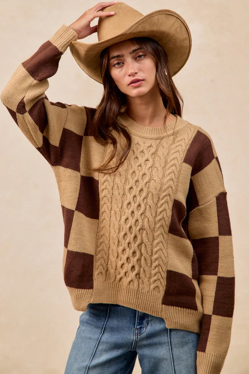 IT4775H-01 | CHECKER BOARD PATTERN CABLE KNIT SWEATER TOP Functional Style