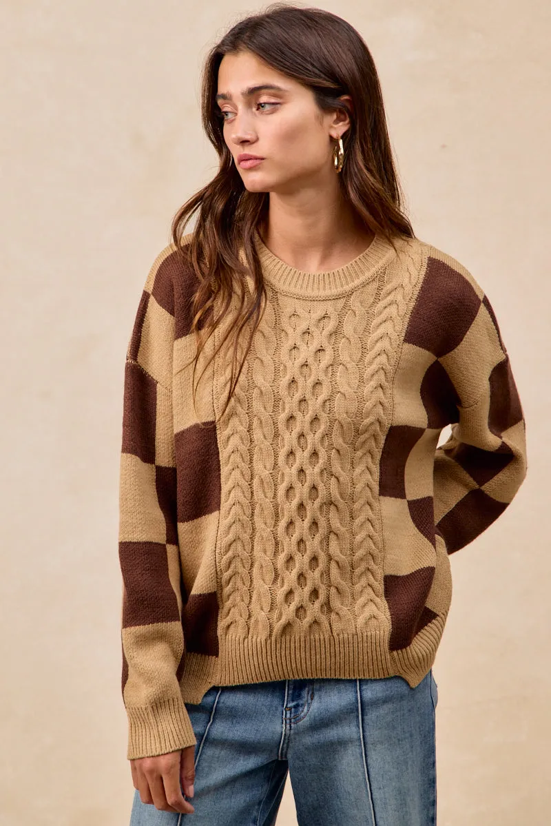 IT4775H-01 | CHECKER BOARD PATTERN CABLE KNIT SWEATER TOP OdorResistant Coating
