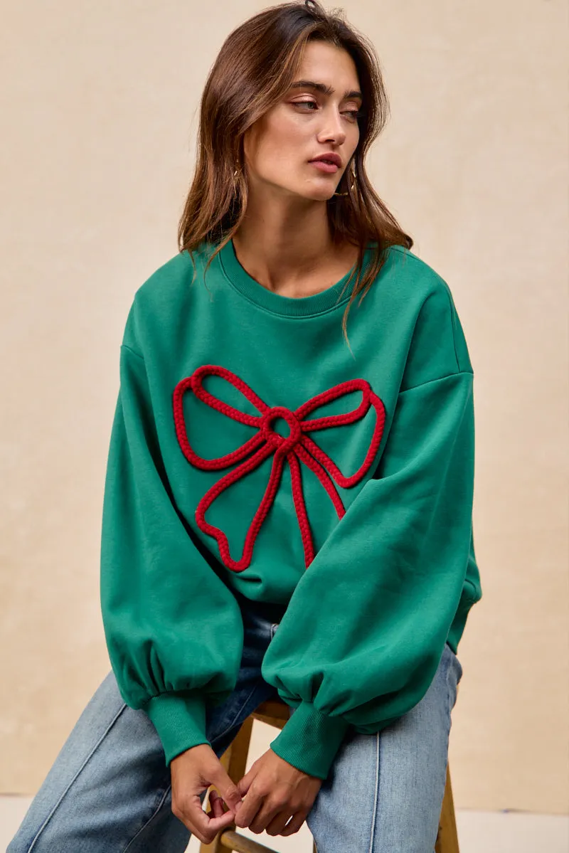 IT4777S-01 | BRUSHED TERRY BOW BRAID TAPE TOP BALLOON SLEEVES Lightweight pullover