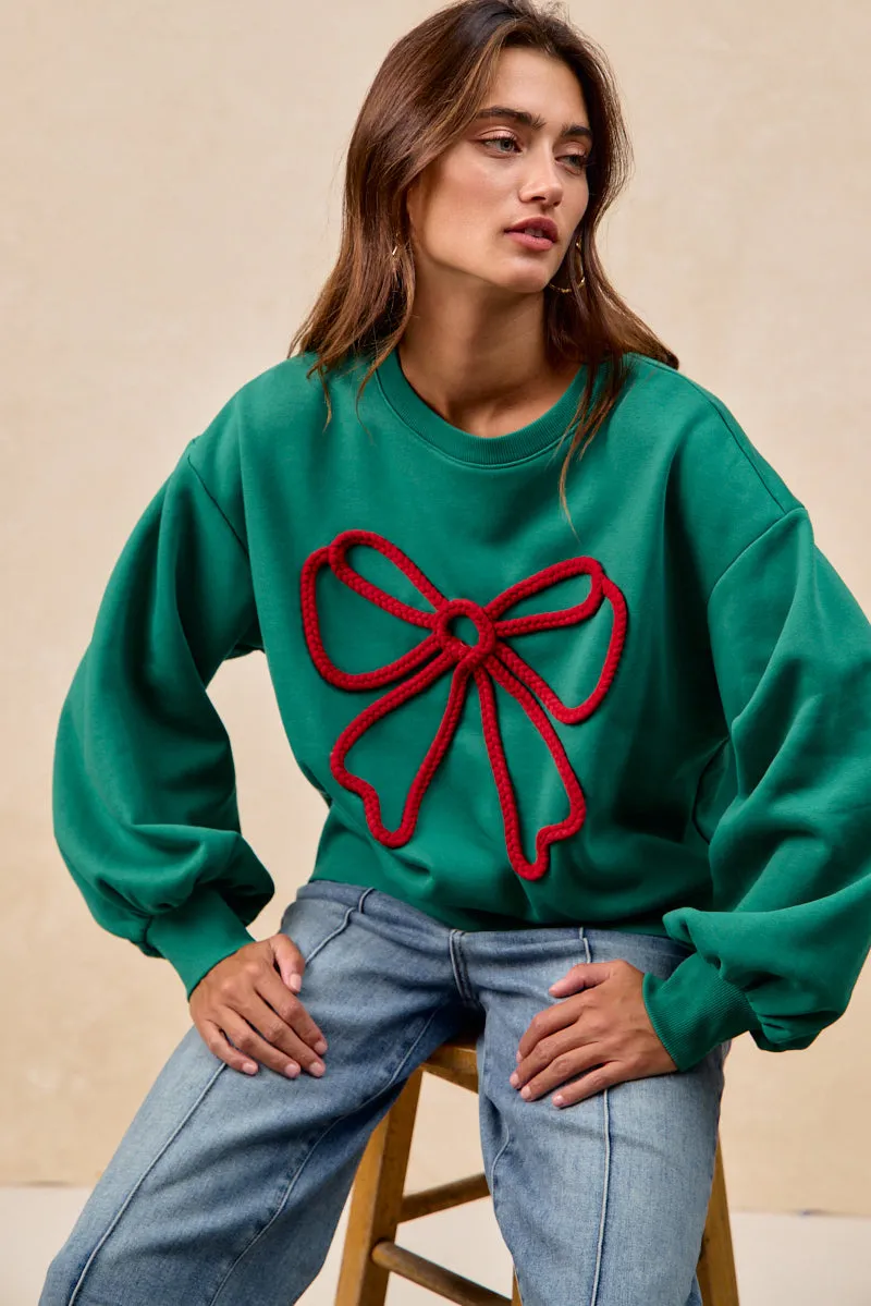 Ribbed Hem Cool Weather IT4777S-01 | BRUSHED TERRY BOW BRAID TAPE TOP BALLOON SLEEVES