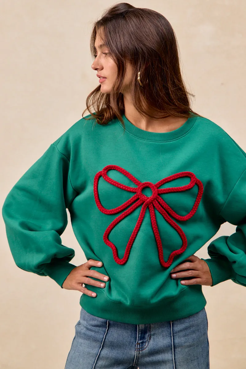 IT4777S-01 | BRUSHED TERRY BOW BRAID TAPE TOP BALLOON SLEEVES Casual-Look