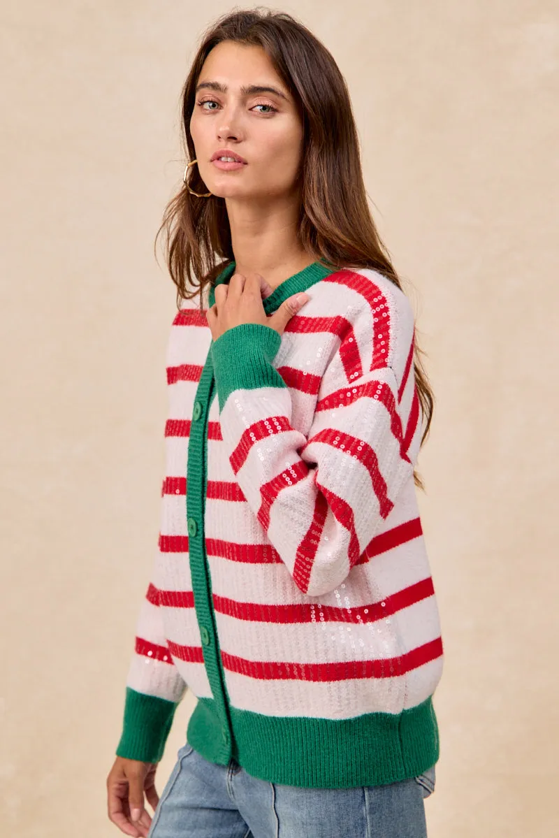 Detachable Layers AdjustableCuffs IT4778S-02 | CHRISTMAS STRIPE SEQUINS BUTTONED UP CARDIGAN