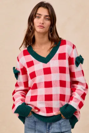 Durable Utility Striped Pattern IT4786H-01 | CHRISTMAS THEME CHECKER BOARD V NECK SWEATER TOP