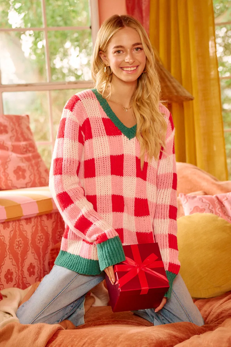 ElasticCuffs IT4786H-02 | CHRISTMAS THEME CHECKER BOARD SWEATER TOP