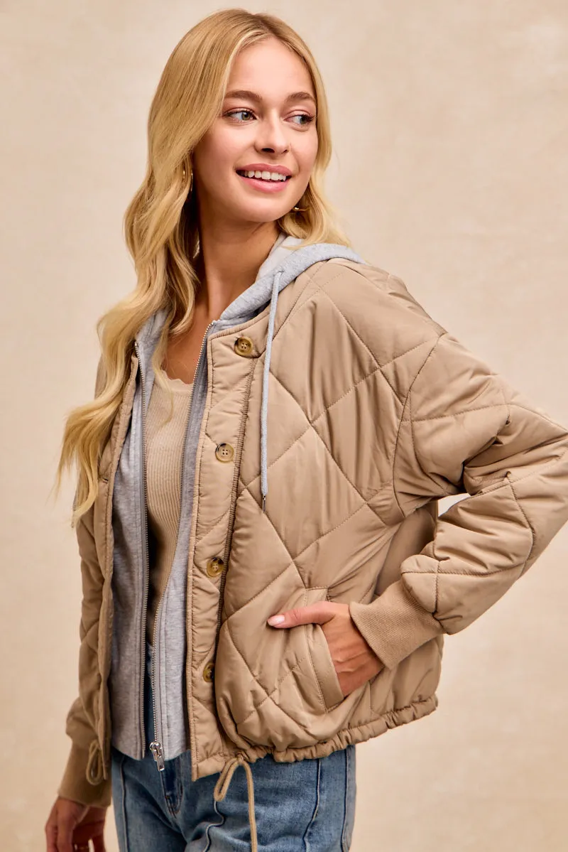 IT4787S-01 | QUILTED JACKET WITH TERRY HOODIE ZIP UP Hooded styles Minimalist Aesthetic