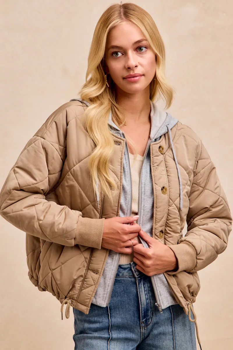 IT4787S-01 | QUILTED JACKET WITH TERRY HOODIE ZIP UP Durable Chill Piece