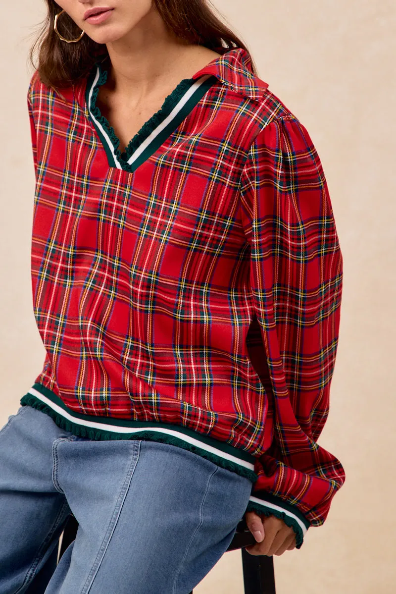Everyday Comfort Fit Non Irritating Lining IT4789S-02 | CHRISTMAS PLAID V NECK COLLARED TOP WITH RUFFLED