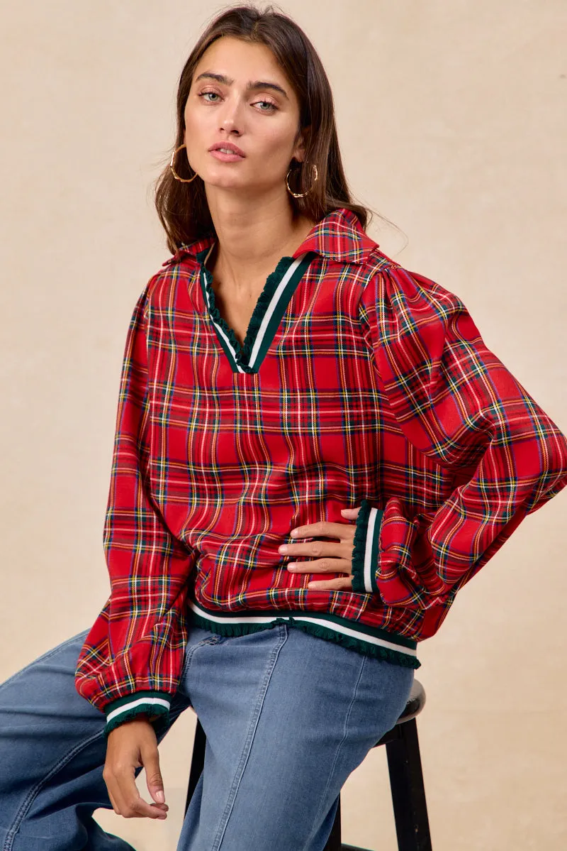 IT4789S-02 | CHRISTMAS PLAID V NECK COLLARED TOP WITH RUFFLED spring fresh