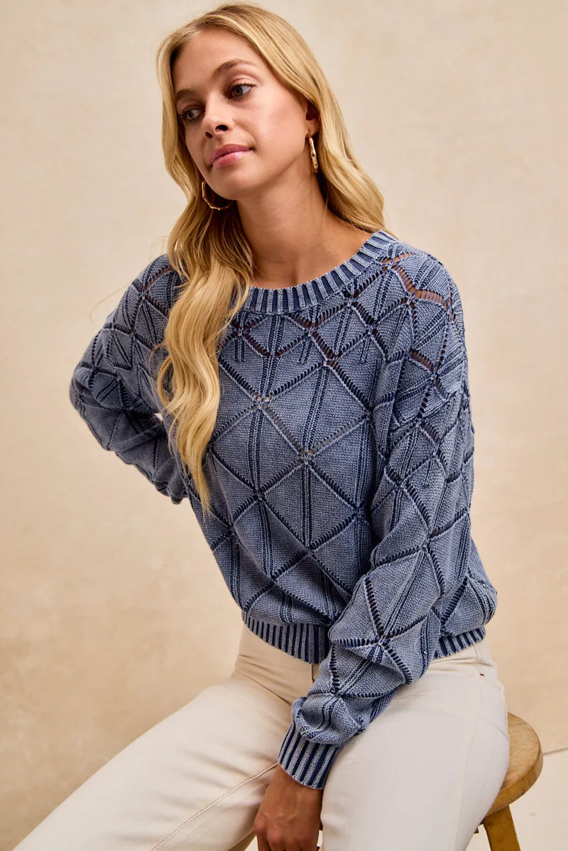 Low Profile Stitching IT4806-01 | DIAGONAL CHECK WASHED SWEATER TOP