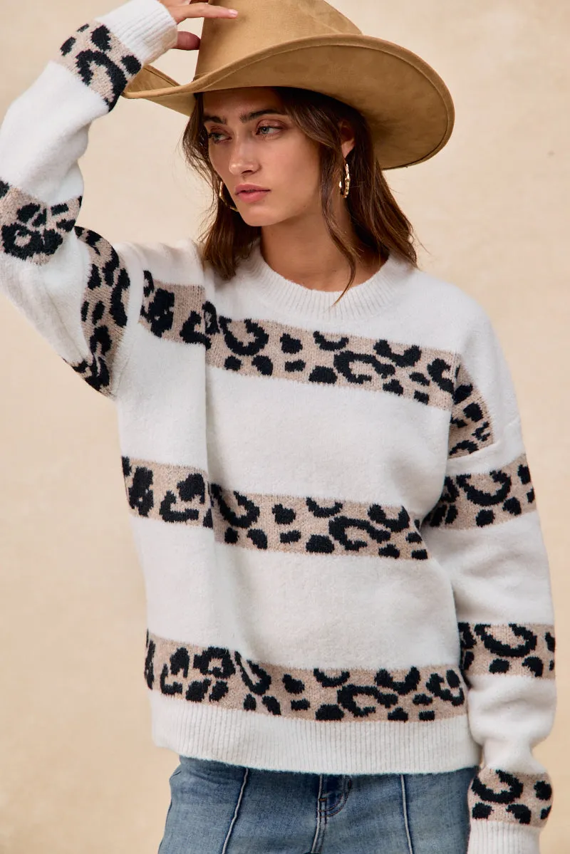 IT4807-01 | LEOPARD ARTWORK STRIPED SWEATER TOP Hypoallergenic Textile Abrasion Resistant Finish