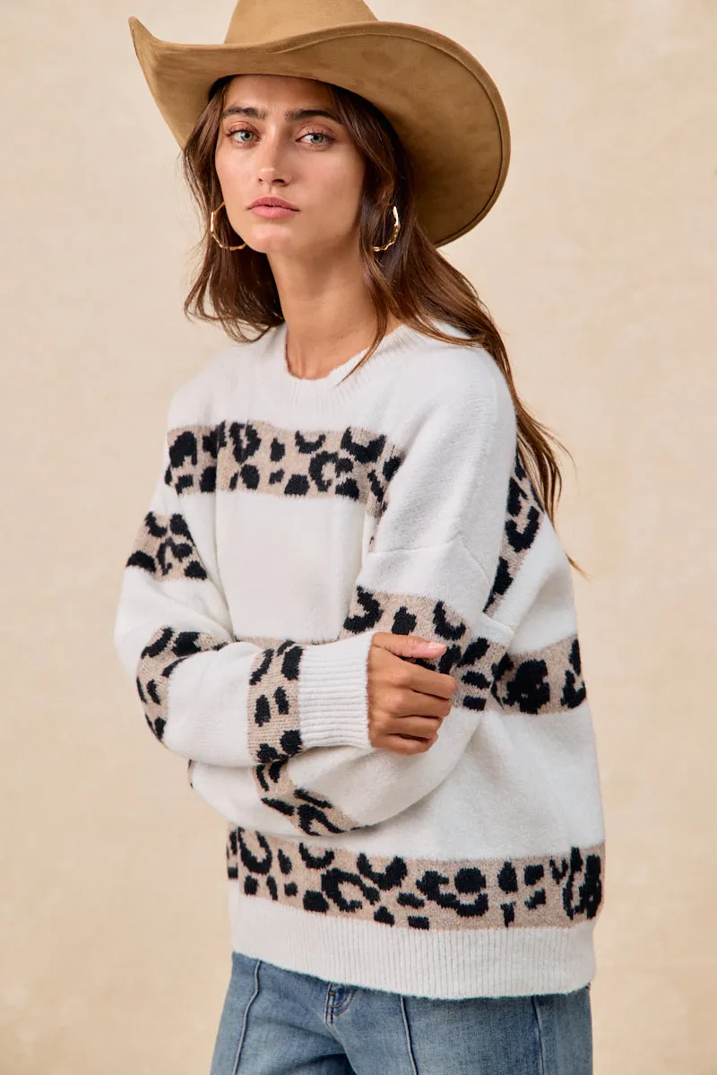 IT4807-01 | LEOPARD ARTWORK STRIPED SWEATER TOP UltraSoft Lining