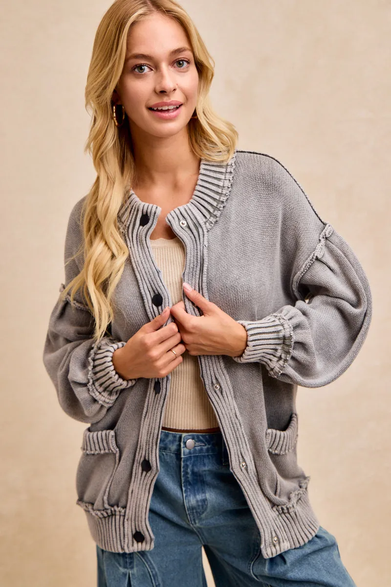 IT4836G-01 | WASHED RIB BANDED COTTON SWEATER KNT CARDIGAN TOP Wind Resistant