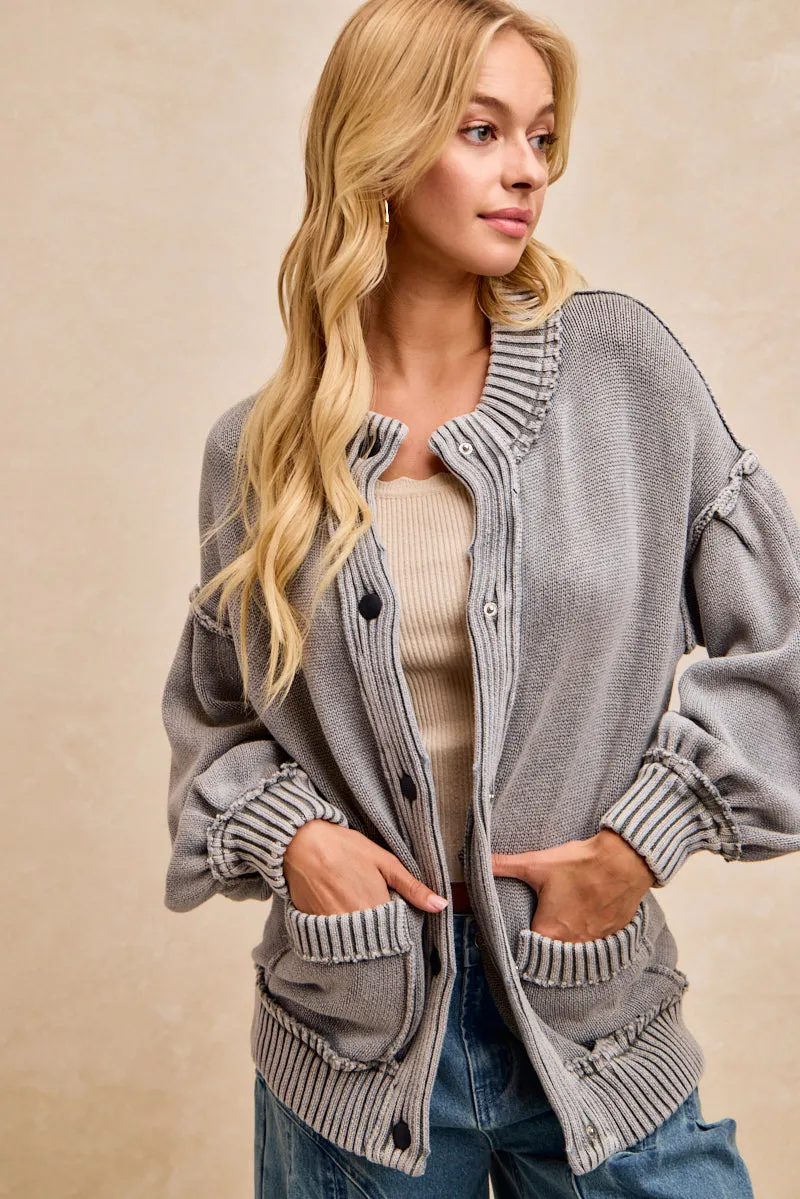 IT4836G-01 | WASHED RIB BANDED COTTON SWEATER KNT CARDIGAN TOP Structured Casual Fit