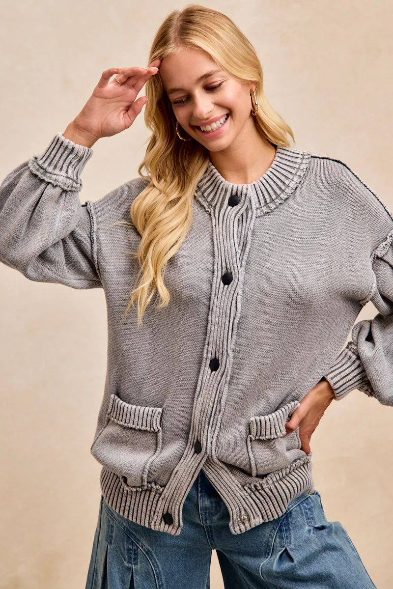 Casual Chill Look Reinforced Elbow Panels IT4836G-01 | WASHED RIB BANDED COTTON SWEATER KNT CARDIGAN TOP