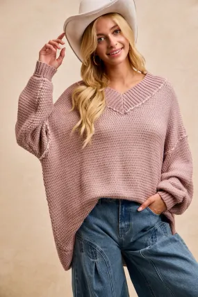 Cozy Layers IT4857S-01 | TWO TONE TEXTURED SWEATER RELAXED FIT V NECK TOP