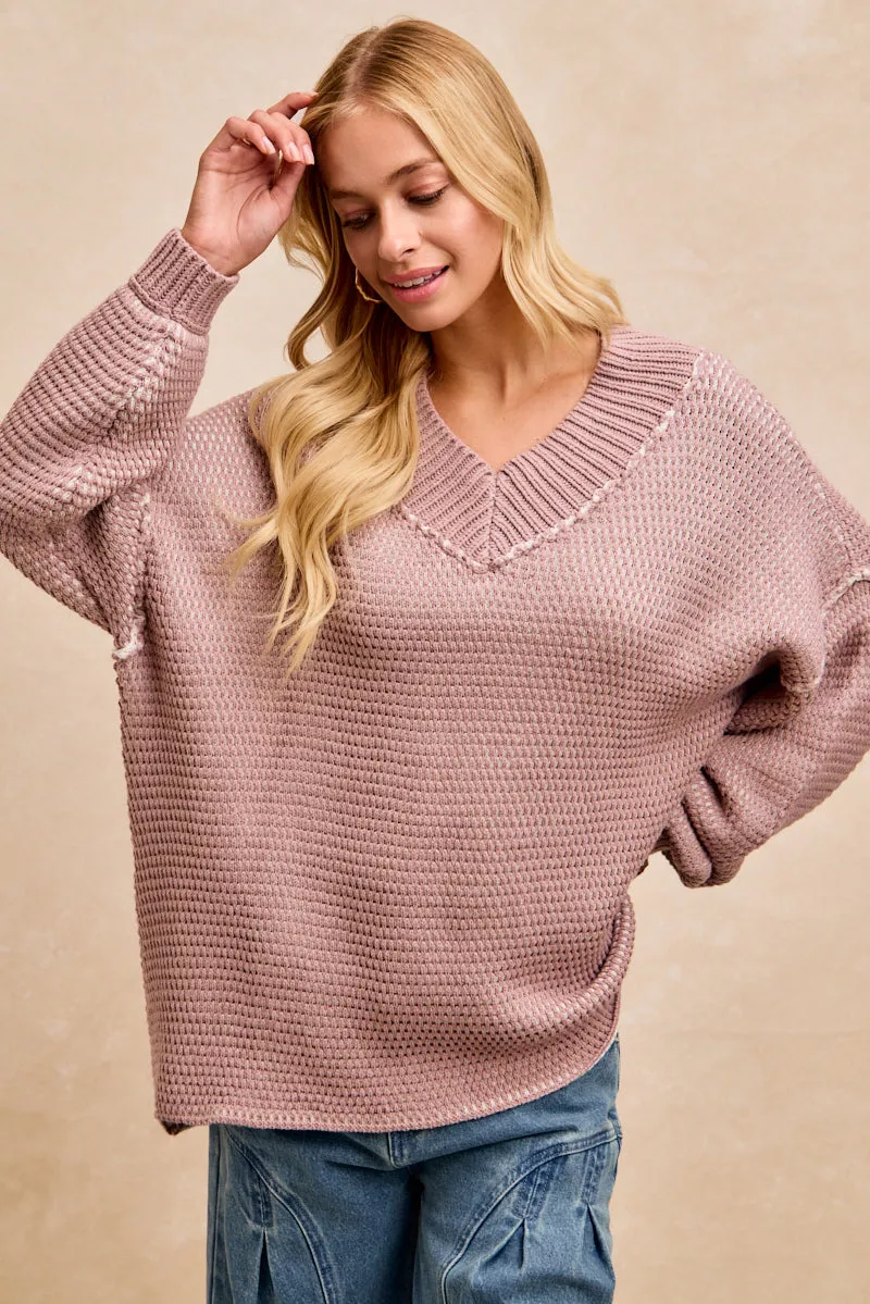 IT4857S-01 | TWO TONE TEXTURED SWEATER RELAXED FIT V NECK TOP AllDayComfort