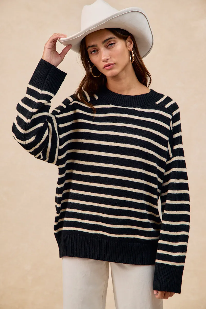 IT4864-01 | STRIPED MOCK NECK SWEATER TOP WITH RAGLAN SLEEVES Quick-Dry Material