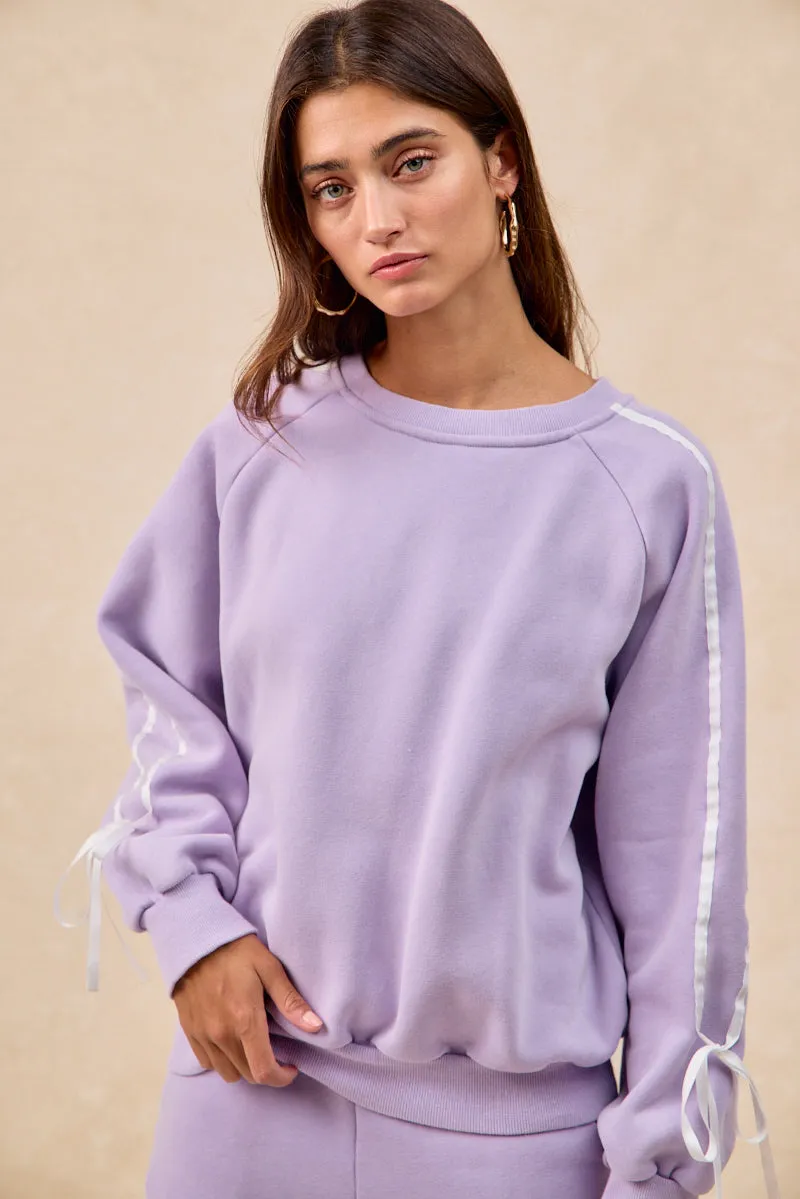 IT4866G-01 | SIDE LINED BOW DETAILS WASHED FLEECE SWEATSHIRT Breathable Lining LightweightComfort