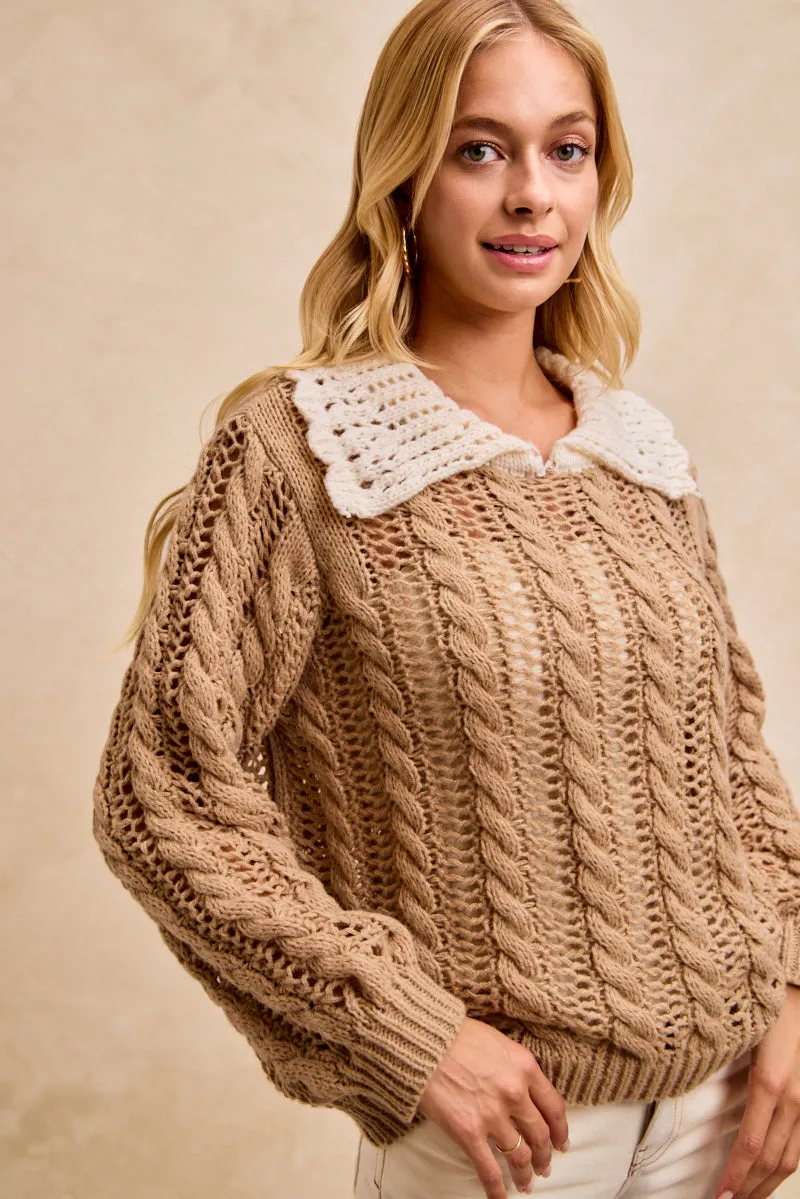 Comfort Fit IT4886-01 | CABLE SWEATER WITH CROCHET COLLARED TOP