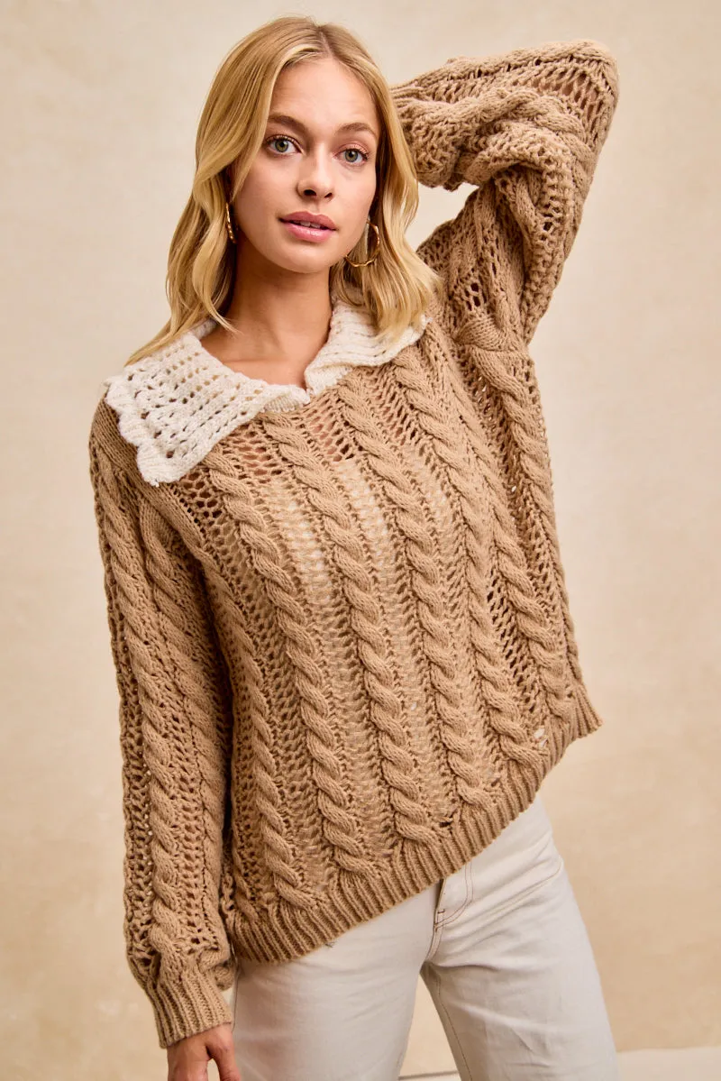 Work Friendly IT4886-01 | CABLE SWEATER WITH CROCHET COLLARED TOP