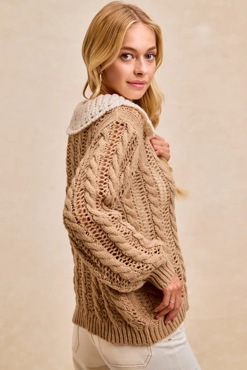 IT4886-01 | CABLE SWEATER WITH CROCHET COLLARED TOP MultiPocketSystem