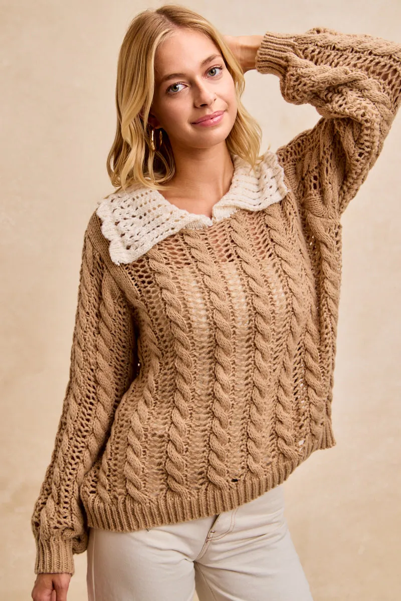 IT4886-01 | CABLE SWEATER WITH CROCHET COLLARED TOP Anti Static Fabric