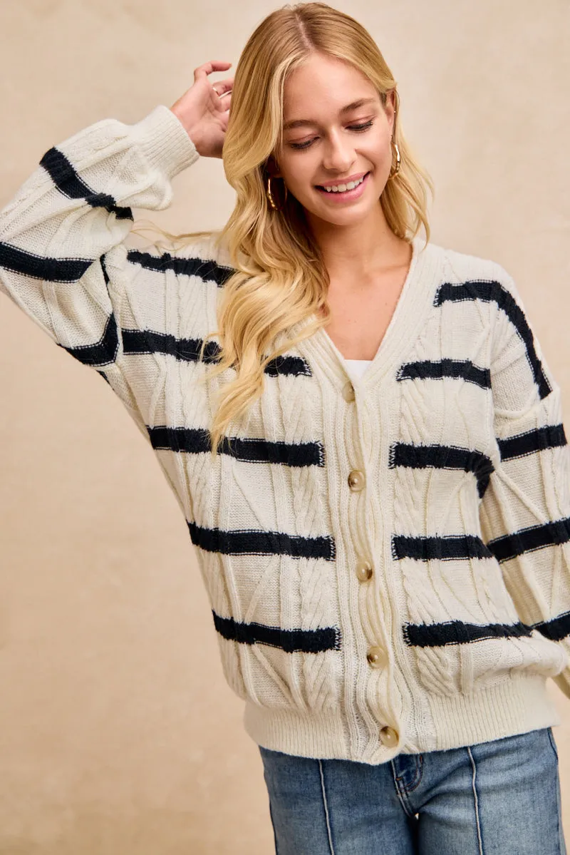 Stretch Panels Non Irritating IT4887-01 | STRIPE CABLE KNIT BUTTONED CARDIGAN