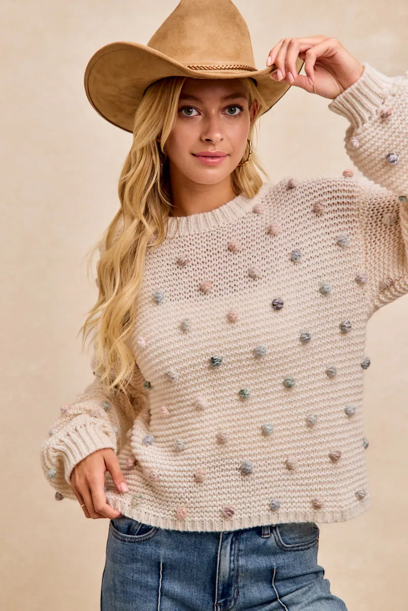 Fresh Stitch Elegant brunch outfit IT4888-01 | MULTI POMPOM HACCI SWEATER TOP