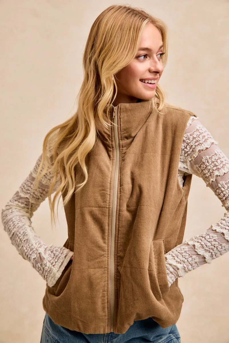 IT4895-01 | CORDUROY ZIP UP HIGH NECK VEST WITH SIDE POCKET Breathable City Style Layered Neckline