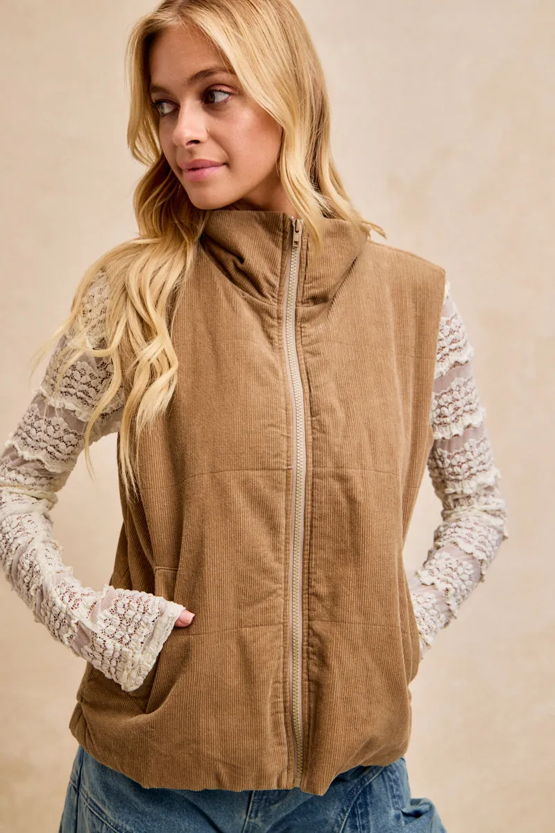 IT4895-01 | CORDUROY ZIP UP HIGH NECK VEST WITH SIDE POCKET Tear Resistant Material Stretchable Fabric