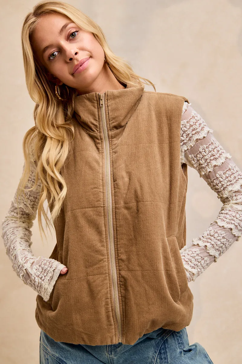 Non Restrictive Silhouette Eco Friendly Dye IT4895-01 | CORDUROY ZIP UP HIGH NECK VEST WITH SIDE POCKET