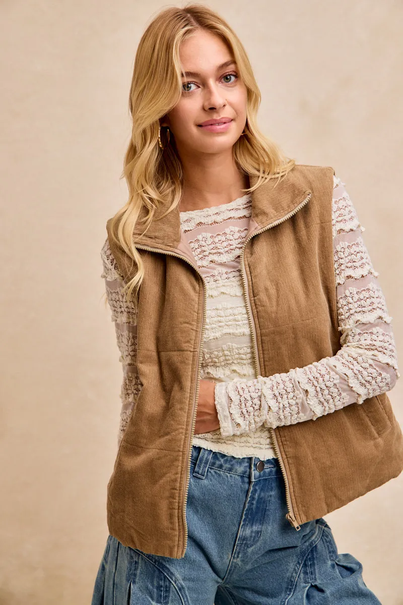 IT4895-01 | CORDUROY ZIP UP HIGH NECK VEST WITH SIDE POCKET Army Style