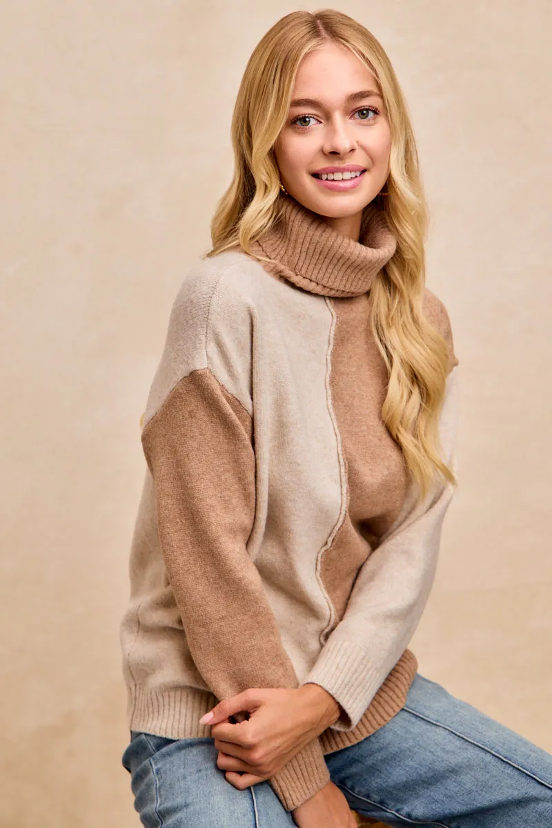 Tunic top IT4908S-01 | COLOR BLOCK TURTLE NECK SWEATER TOP