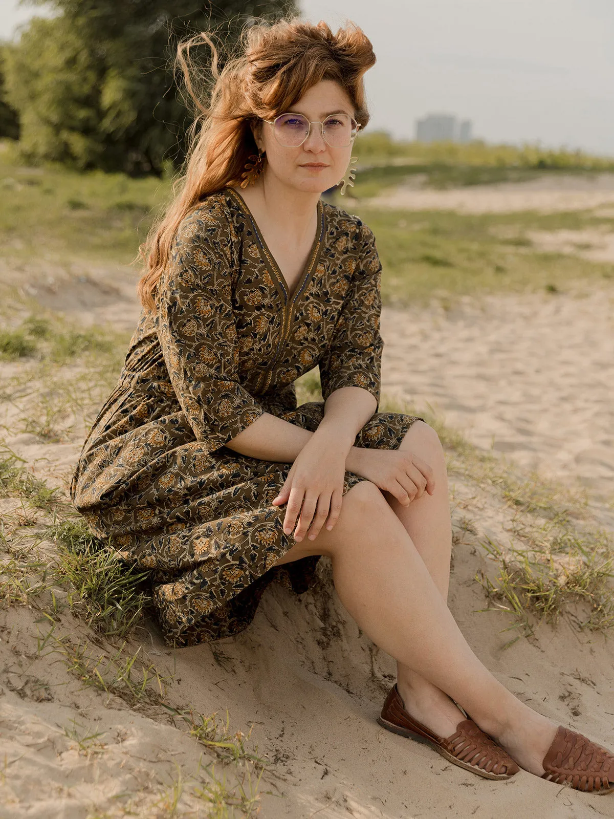 Jaya Half Sleeve Dress - Olive Kalamkari QuickDryTechnology