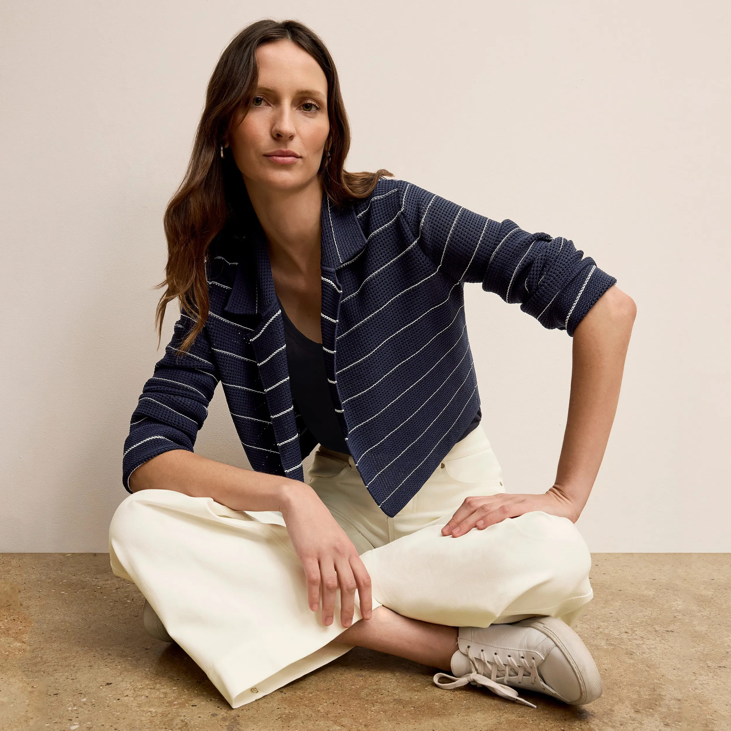 Jolie Lapel Jardigan - Dot Jardigan Knit :: Dark Navy/Ivory ButtonFront stain resistant coating