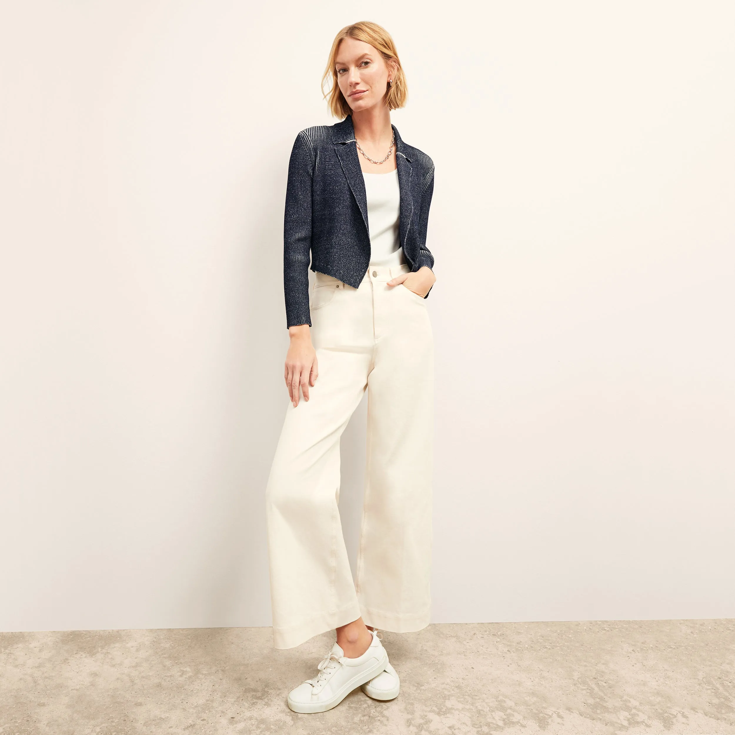 AthleisureInspired Jolie Lapel Jardigan - Ribbed Jardigan Knit :: Navy/Ivory